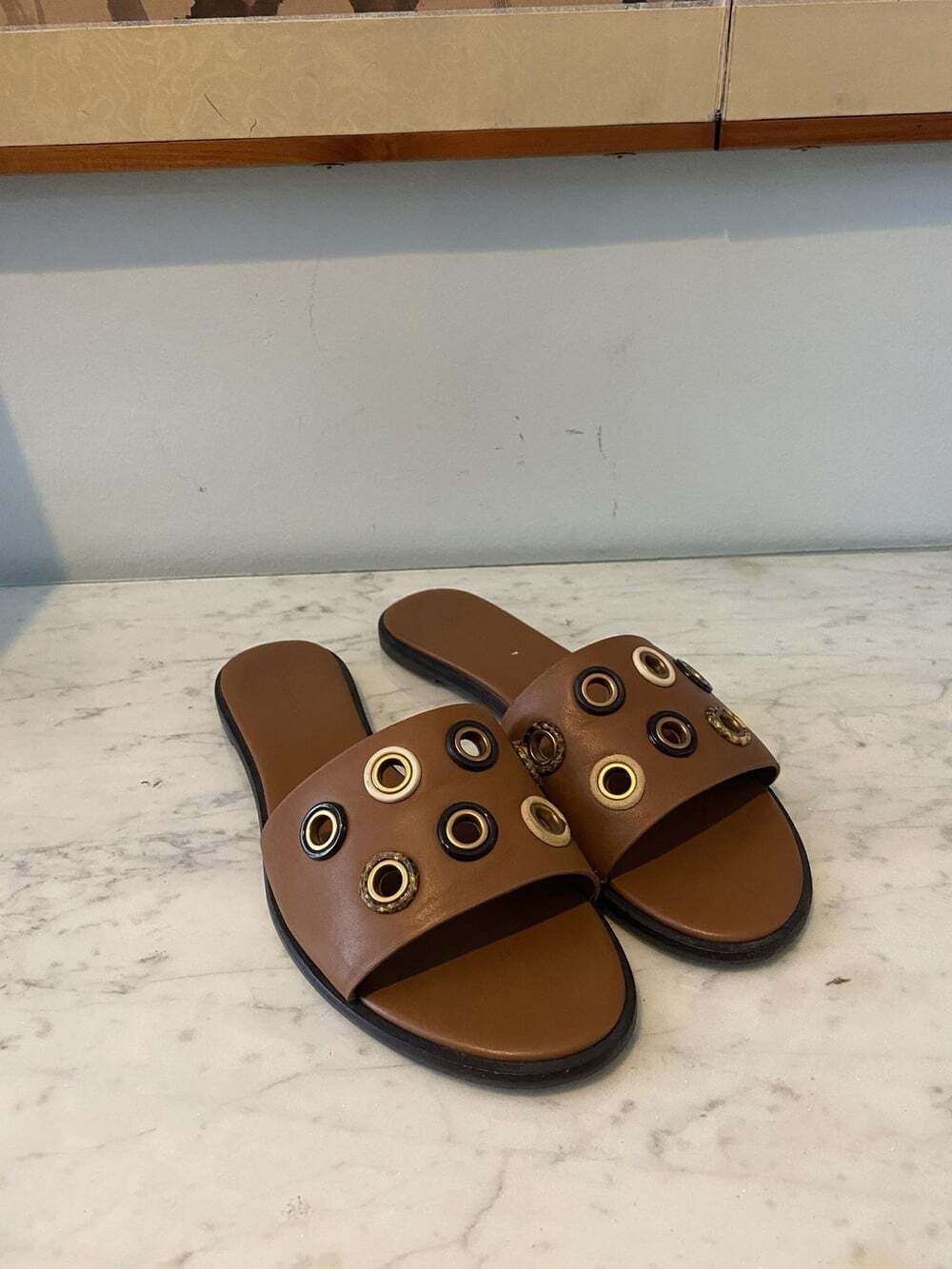 Tory Burch Everly Shoes Womens Size 9 Brown Grommet Slide Sandals Leather